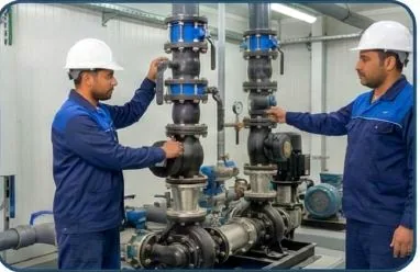 Technicians checking valves and pumps
