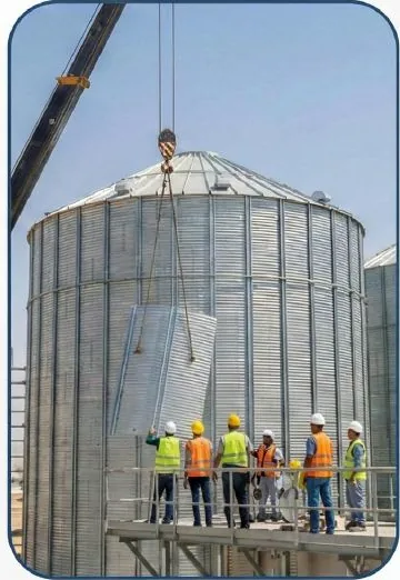 Crew supporting silo erection with a crane